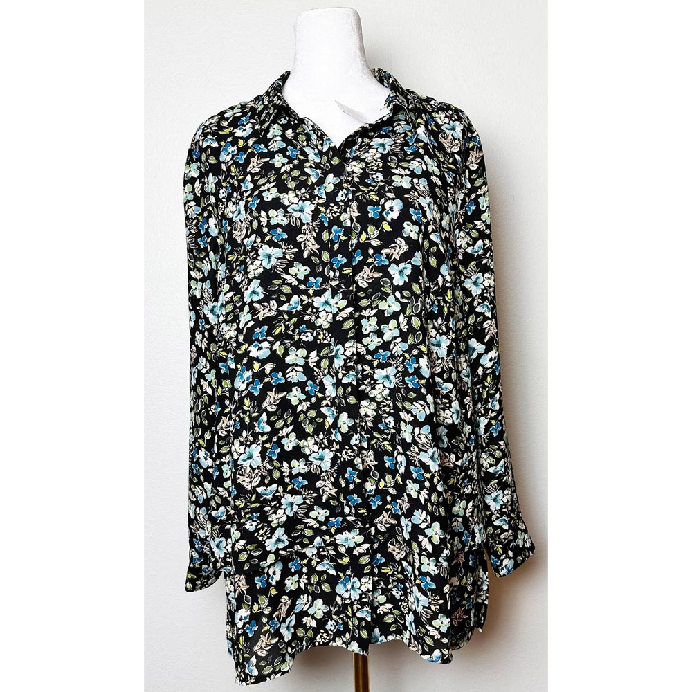 NWT J. Jill Green Blue Black Floral Button Front Blouse Shirt sz PM